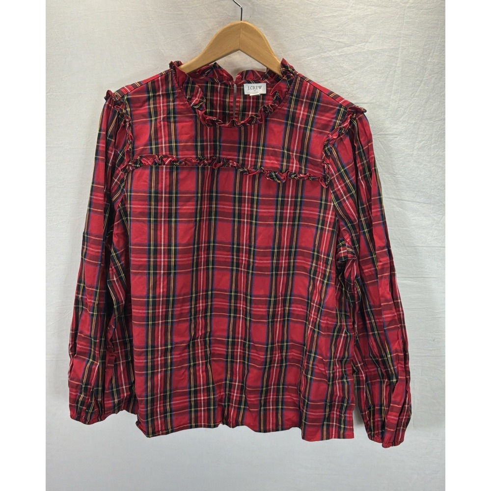J.Crew Red Plaid Ruffle High Neck Long Sleeve Holiday Blouse Size XL Christmas